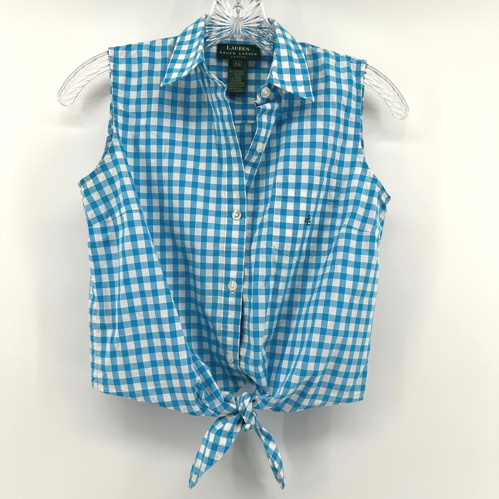 Ralph Lauren Sleeveless Tie‎ Front Shirt Blue Gingham PS Americana Old Money